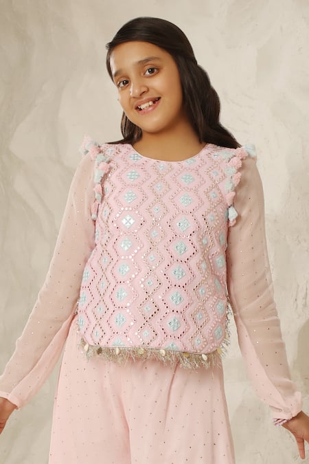 Fayon Kids X AZA Pink Georgette Mirrors, Tassels, Embroidery Geometric Top And Palazzo Set Online at Aza Fashions Fayon Kids X AZA_Pink Georgette Mirrors, Tassels, Embroidery Geometric Top And Palazzo Set _Online_at_Aza_Fashions