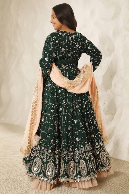 Shop Fayon Kids X AZA Green Georgette Sequins, Embroidery Floral Vine Anarkali Set at Aza Fashions Shop_Fayon Kids X AZA_Green Georgette Sequins, Embroidery Floral Vine Anarkali Set _at_Aza_Fashions