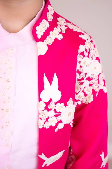 Fayon Kids X AZA_Pink Cotton Embroidery Floral Jacket And Kurta Set _Online_at_Aza_Fashions