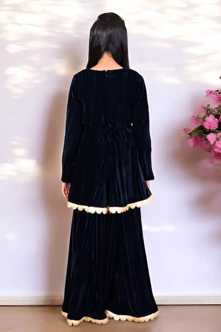 Shop Fayon Kids X AZA Blue Velvet Lace, Tassels Embellished Kurta Set at Aza Fashions Shop_Fayon Kids X AZA_Blue Velvet Lace, Tassels Embellished Kurta Set _at_Aza_Fashions