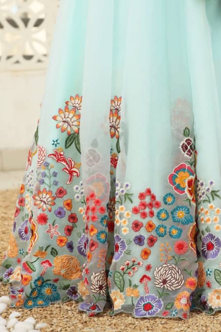 Fayon Kids X AZA_Blue Organza Lace, Tassels, Fabric Flowers, 3d Embellished Lehenga Set _Online_at_Aza_Fashions