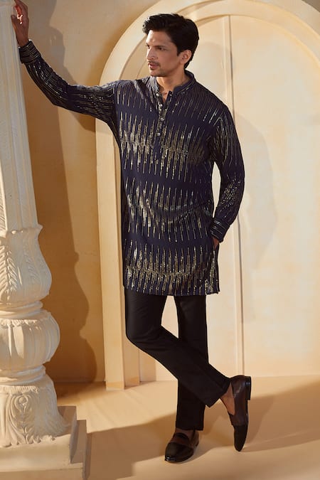 Buy_Spring Break X AZA_Blue Viscose, , Silk, Satin Sequins, Embroidery Stripe Kurta Set _Online_at_Aza_Fashions