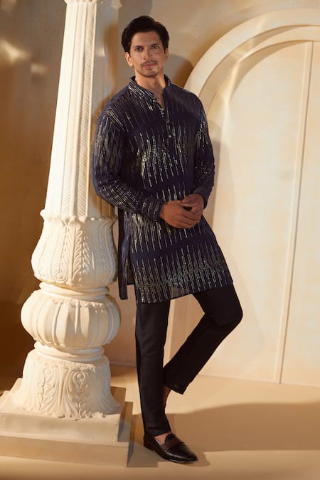 Shop_Spring Break X AZA_Blue Viscose, , Silk, Satin Sequins, Embroidery Stripe Kurta Set _Online_at_Aza_Fashions