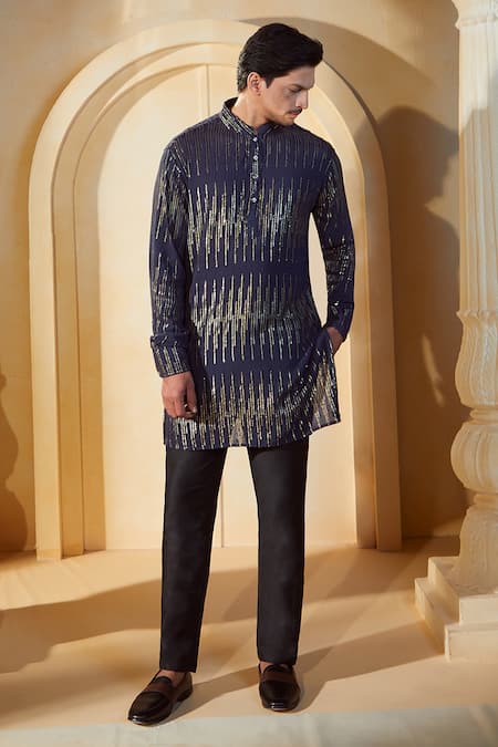 Buy_Spring Break X AZA_Blue Viscose, , Silk, Satin Sequins, Embroidery Stripe Kurta Set 