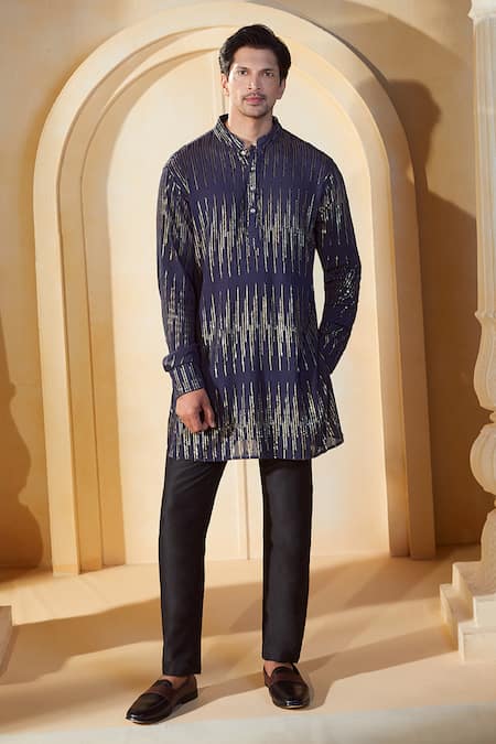 Shop_Spring Break X AZA_Blue Viscose, , Silk, Satin Sequins, Embroidery Stripe Kurta Set 