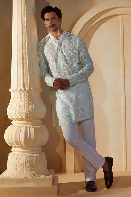 Buy_Spring Break X AZA_Green Viscose, Cotton, Silk Embroidery Mint Thread Kurta Set _Online_at_Aza_Fashions