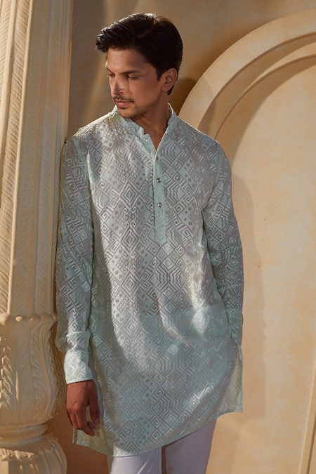 Spring Break X AZA_Green Viscose, Cotton, Silk Embroidery Mint Thread Kurta Set _at_Aza_Fashions