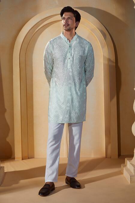 Buy_Spring Break X AZA_Green Viscose, Cotton, Silk Embroidery Mint Thread Kurta Set 