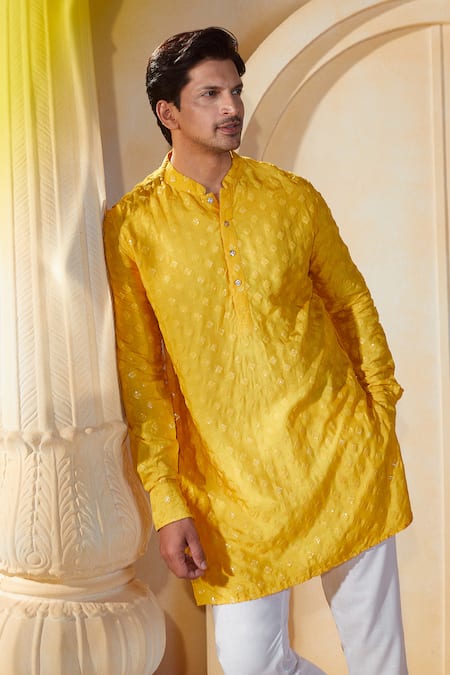 Buy_Spring Break X AZA_Yellow Silk, Cotton Sequins Geometric Thread Embroidered Kurta Set _Online_at_Aza_Fashions