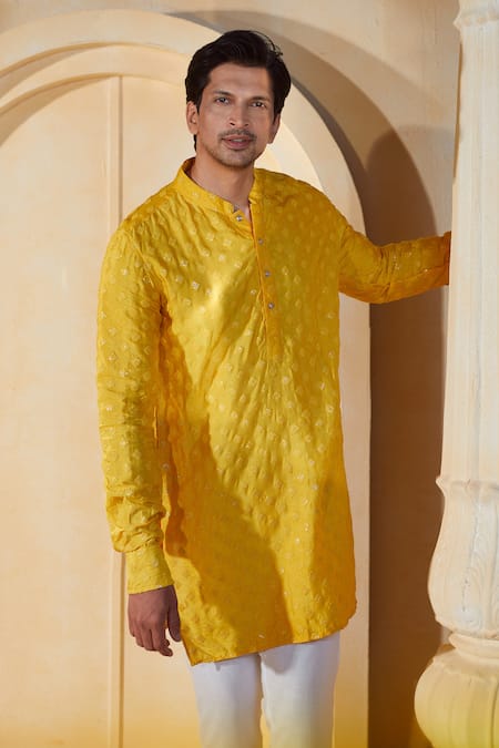 Shop_Spring Break X AZA_Yellow Silk, Cotton Sequins Geometric Thread Embroidered Kurta Set _Online_at_Aza_Fashions