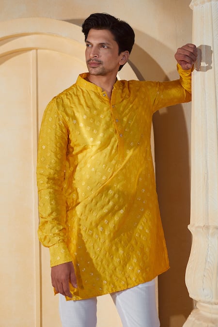 Spring Break X AZA_Yellow Silk, Cotton Sequins Geometric Thread Embroidered Kurta Set _at_Aza_Fashions
