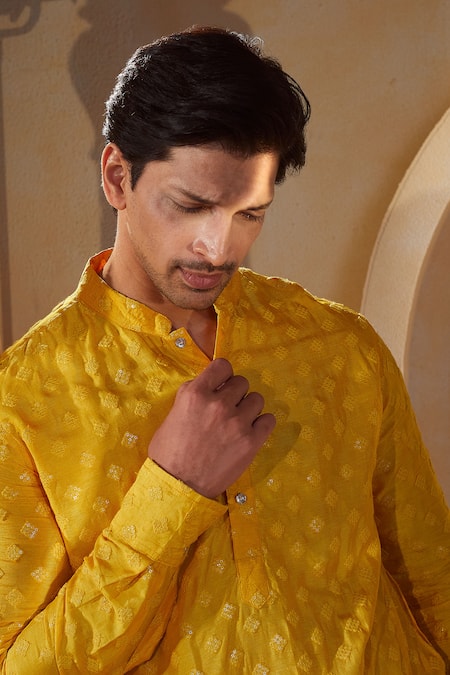 Shop_Spring Break X AZA_Yellow Silk, Cotton Sequins Geometric Thread Embroidered Kurta Set 