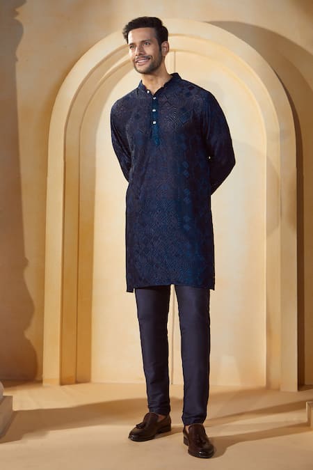 Spring Break X AZA_Blue Viscose, Cotton, Silk Embroidery Tonal Kurta Set _Online_at_Aza_Fashions