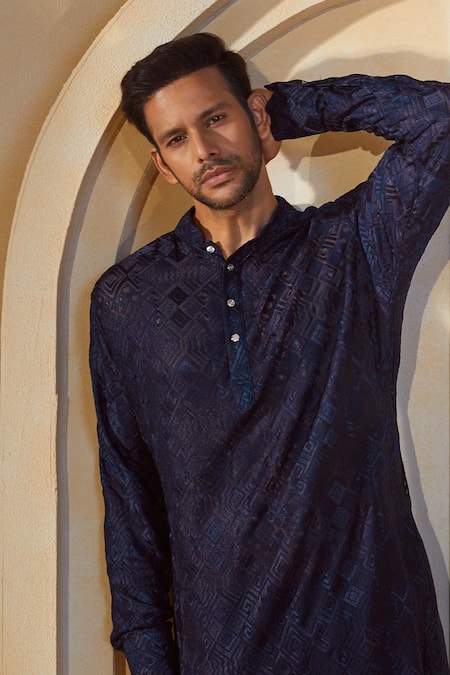 Buy_Spring Break X AZA_Blue Viscose, Cotton, Silk Embroidery Tonal Kurta Set _Online_at_Aza_Fashions