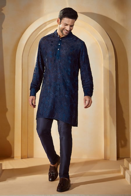 Spring Break X AZA_Blue Viscose, Cotton, Silk Embroidery Tonal Kurta Set _at_Aza_Fashions