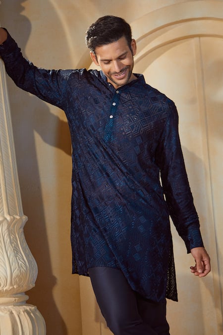 Shop_Spring Break X AZA_Blue Viscose, Cotton, Silk Embroidery Tonal Kurta Set 