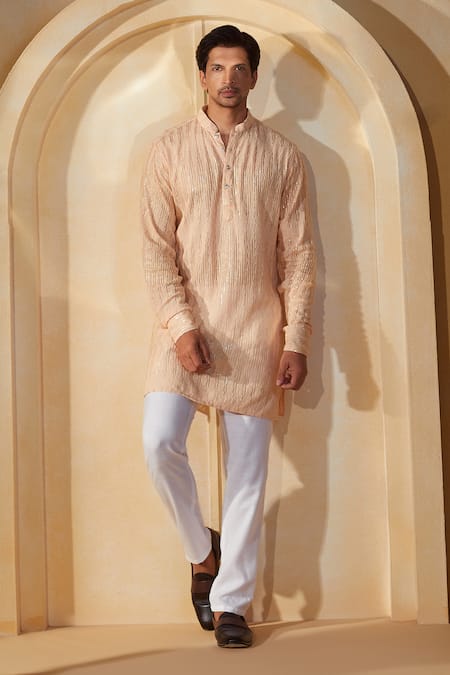 SPRING BREAK x AZA Embroidered Peach Kurta & Pant Set 