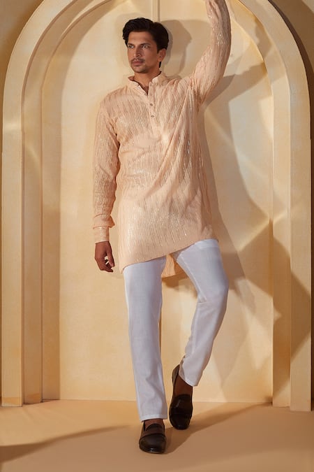 Buy_Spring Break X AZA_Peach Viscose, Cotton, Silk Sequins, Embroidery Striped Kurta Set _Online_at_Aza_Fashions