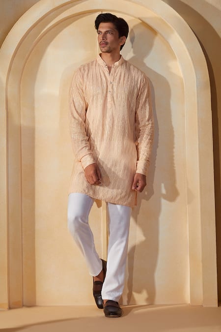 Shop_Spring Break X AZA_Peach Viscose, Cotton, Silk Sequins, Embroidery Striped Kurta Set _Online_at_Aza_Fashions