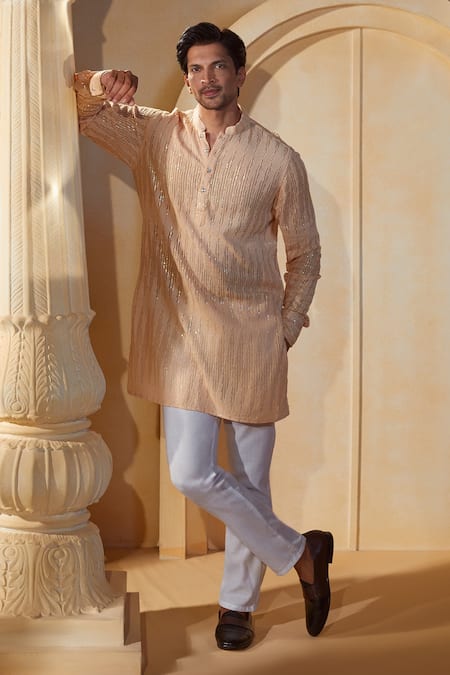 Spring Break X AZA_Peach Viscose, Cotton, Silk Sequins, Embroidery Striped Kurta Set _at_Aza_Fashions