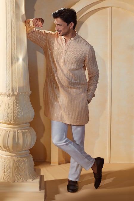 Buy_Spring Break X AZA_Peach Viscose, Cotton, Silk Sequins, Embroidery Striped Kurta Set 