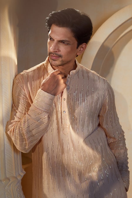 Shop_Spring Break X AZA_Peach Viscose, Cotton, Silk Sequins, Embroidery Striped Kurta Set 