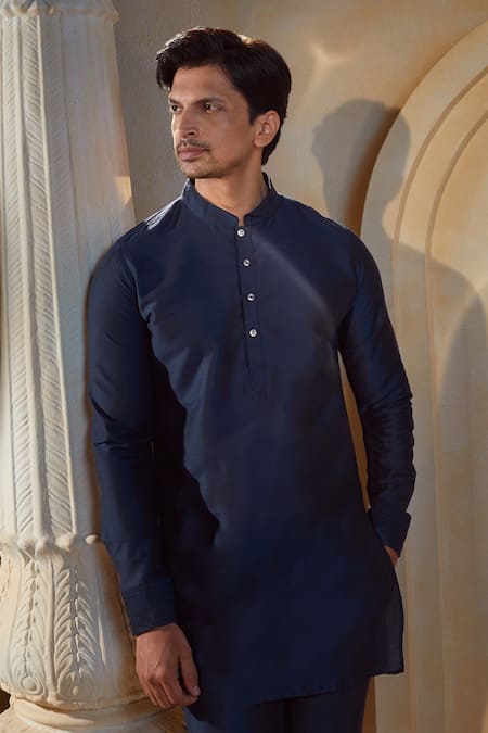 Buy_Spring Break X AZA_Blue Cotton, Silk Embroidery Navy Dot Print Bundi Kurta Set _Online_at_Aza_Fashions