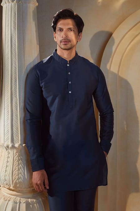 Shop_Spring Break X AZA_Blue Cotton, Silk Embroidery Navy Dot Print Bundi Kurta Set _Online_at_Aza_Fashions