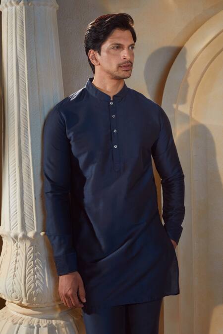 Spring Break X AZA_Blue Cotton, Silk Embroidery Navy Dot Print Bundi Kurta Set _at_Aza_Fashions
