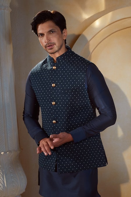 Buy_Spring Break X AZA_Blue Cotton, Silk Embroidery Navy Dot Print Bundi Kurta Set 