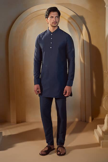Shop_Spring Break X AZA_Blue Cotton, Silk Embroidery Navy Dot Print Bundi Kurta Set 