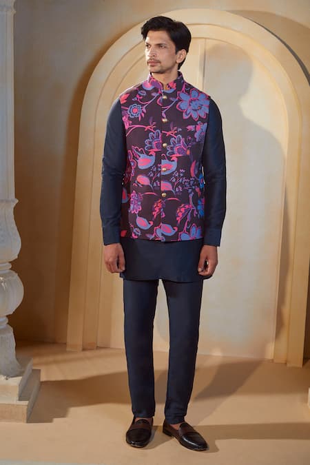 Buy_Spring Break X AZA_Blue Cotton, Silk Embroidery Floral Print Bundi Kurta Set _Online_at_Aza_Fashions