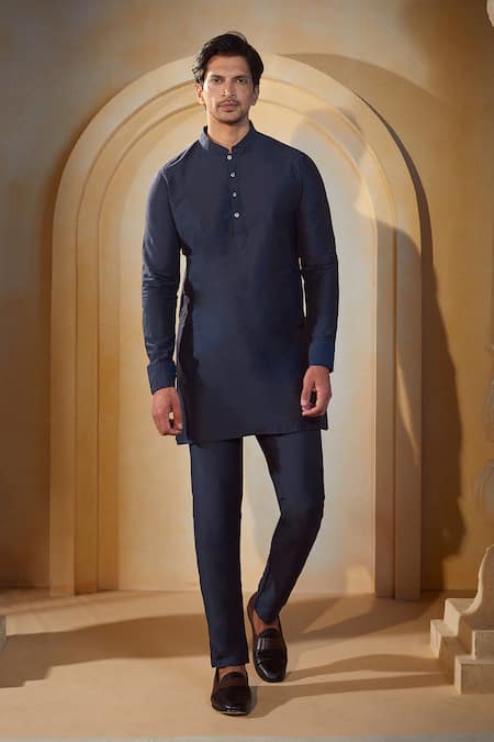 Shop_Spring Break X AZA_Blue Cotton, Silk Embroidery Floral Print Bundi Kurta Set _Online_at_Aza_Fashions