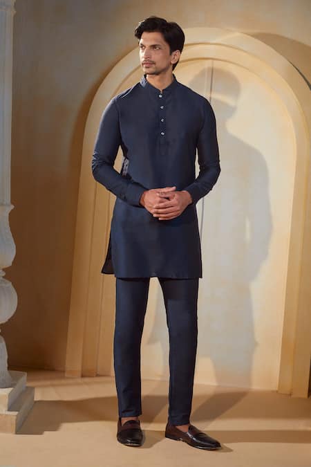 Spring Break X AZA_Blue Cotton, Silk Embroidery Floral Print Bundi Kurta Set _at_Aza_Fashions