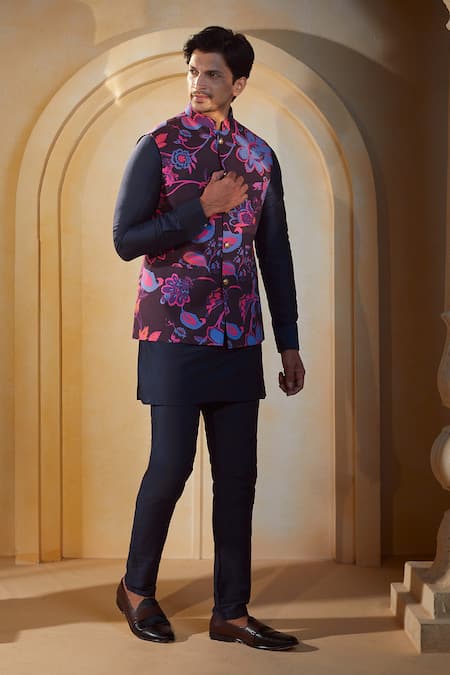 Buy_Spring Break X AZA_Blue Cotton, Silk Embroidery Floral Print Bundi Kurta Set 