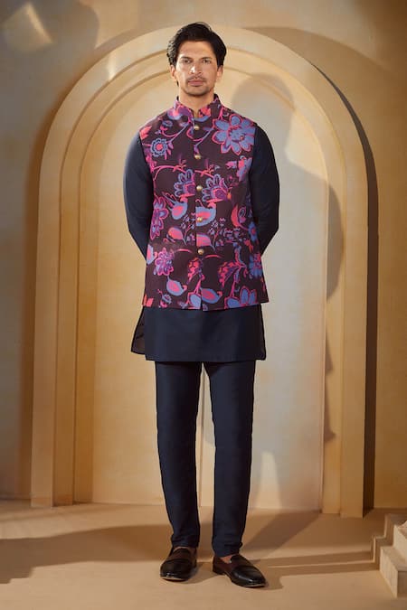 Shop_Spring Break X AZA_Blue Cotton, Silk Embroidery Floral Print Bundi Kurta Set 