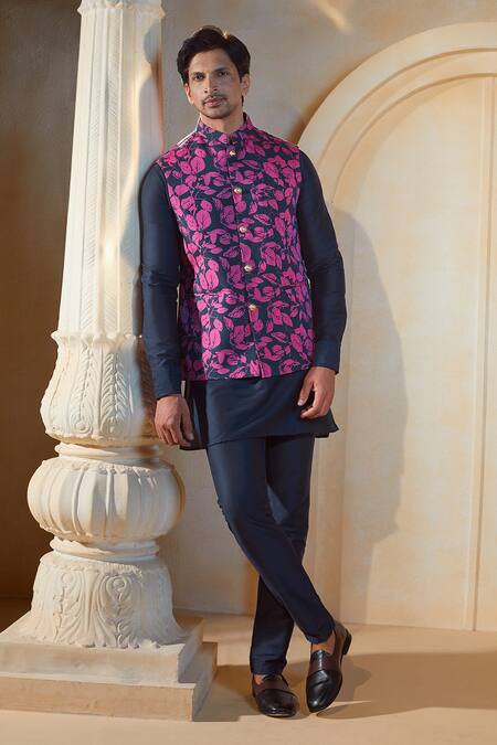 Shop_Spring Break X AZA_Blue Cotton, Silk Embroidery Botanical Print Bundi Kurta Set 