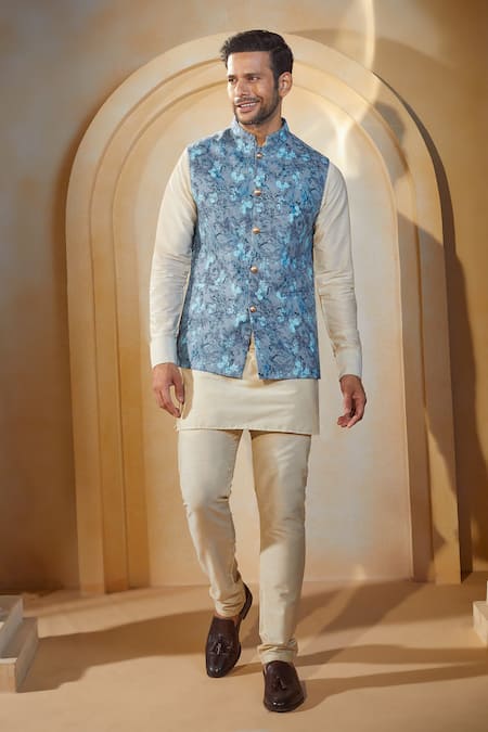 Buy_Spring Break X AZA_Multi Color Cotton, Silk Botanic Orchid Print Bundi Kurta Set _Online_at_Aza_Fashions