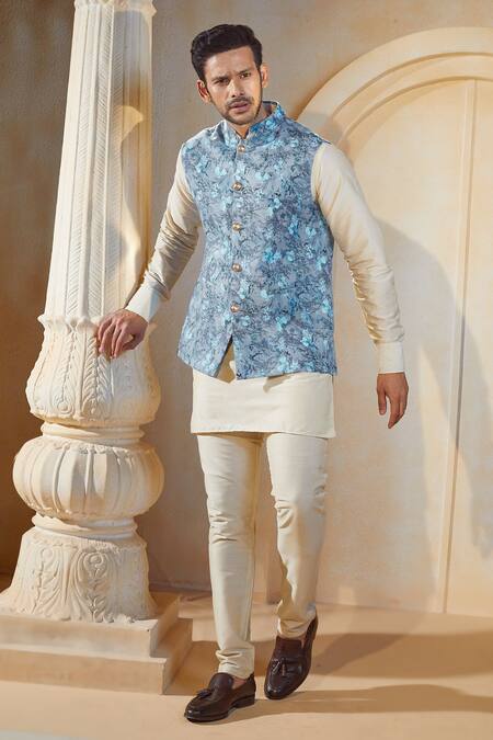 Shop_Spring Break X AZA_Multi Color Cotton, Silk Botanic Orchid Print Bundi Kurta Set _Online_at_Aza_Fashions