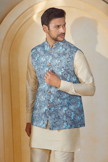 Spring Break X AZA_Multi Color Cotton, Silk Botanic Orchid Print Bundi Kurta Set _at_Aza_Fashions