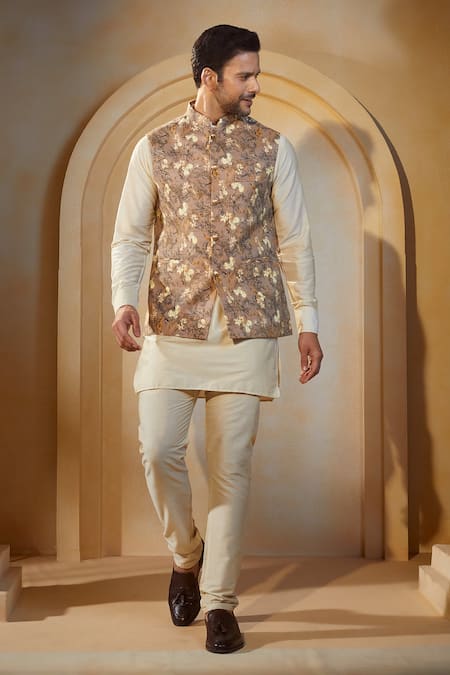 Buy_Spring Break X AZA_Multi Color Cotton, Silk Orchid Botanic Print Bundi Kurta Set _Online_at_Aza_Fashions