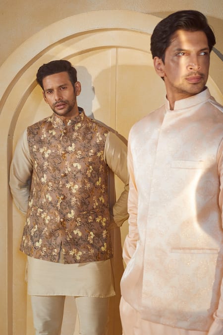 Shop_Spring Break X AZA_Multi Color Cotton, Silk Orchid Botanic Print Bundi Kurta Set _Online_at_Aza_Fashions