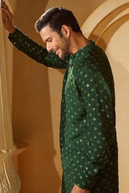 Shop_Spring Break X AZA_Emerald Green Cotton Sequins, Embroidery Geometric Kurta Set _Online_at_Aza_Fashions