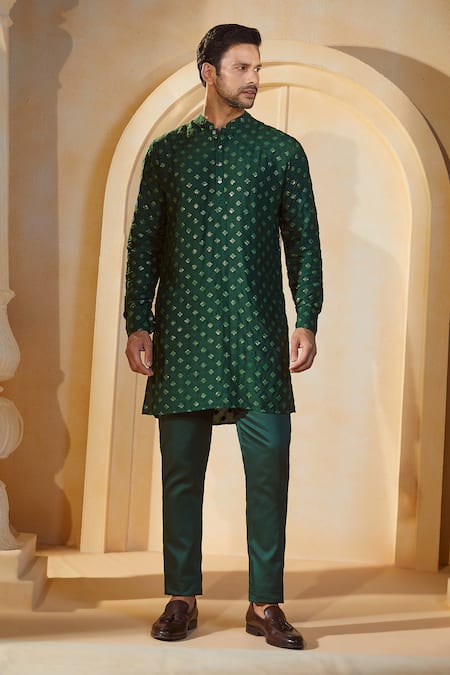 Spring Break X AZA_Emerald Green Cotton Sequins, Embroidery Geometric Kurta Set _at_Aza_Fashions