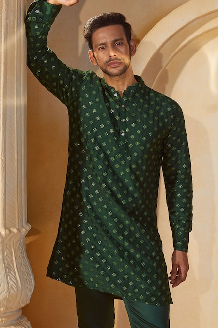 Shop_Spring Break X AZA_Emerald Green Cotton Sequins, Embroidery Geometric Kurta Set 