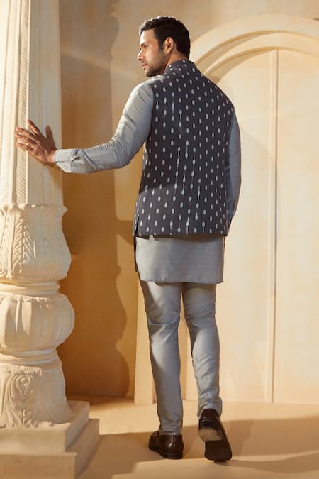 Spring Break X AZA Grey Ikat Print Bundi Kurta Set 