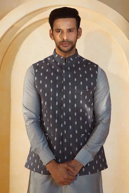 Spring Break X AZA_Gray Cotton, Silk Grey Ikat Print Bundi Kurta Set _at_Aza_Fashions