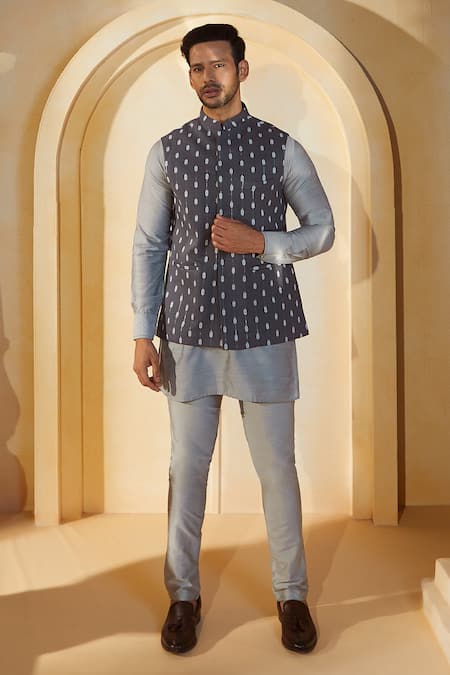 Buy_Spring Break X AZA_Gray Cotton, Silk Grey Ikat Print Bundi Kurta Set 