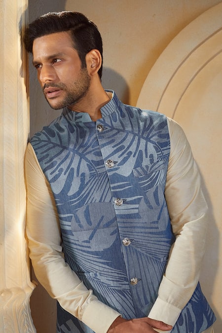 Shop_Spring Break X AZA_Blue Cotton, Silk Tropical Leaf Print Bundi Kurta Set _Online_at_Aza_Fashions