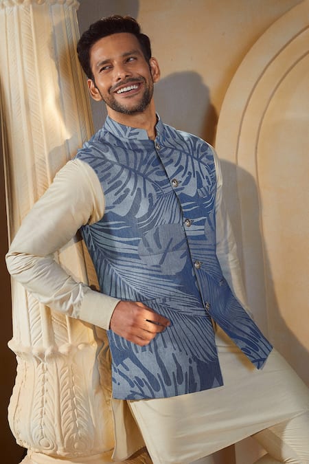 Spring Break X AZA_Blue Cotton, Silk Tropical Leaf Print Bundi Kurta Set _at_Aza_Fashions